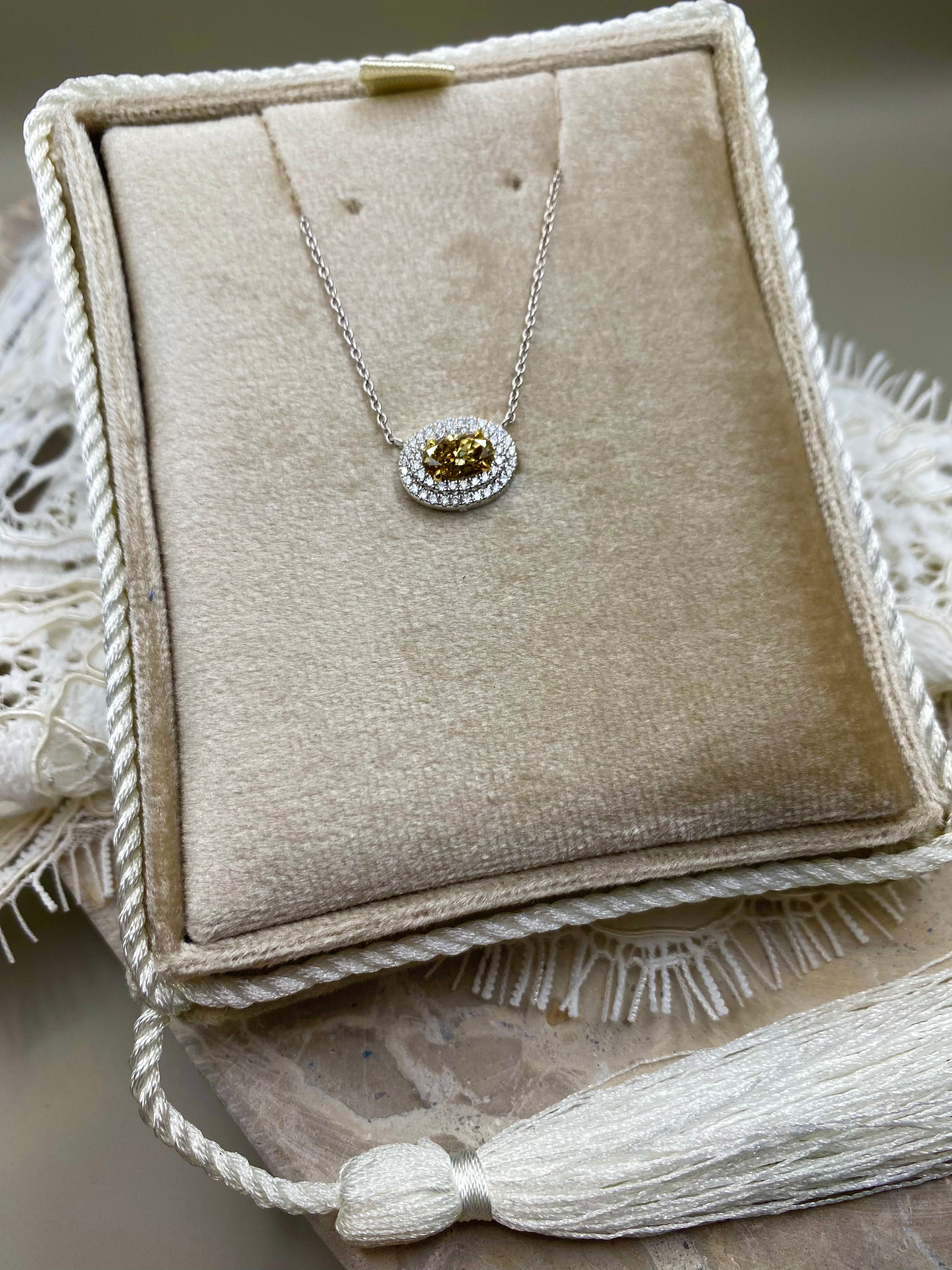 Sold Out ~ 0.70ct Champagne diamond necklace with double white diamond halo