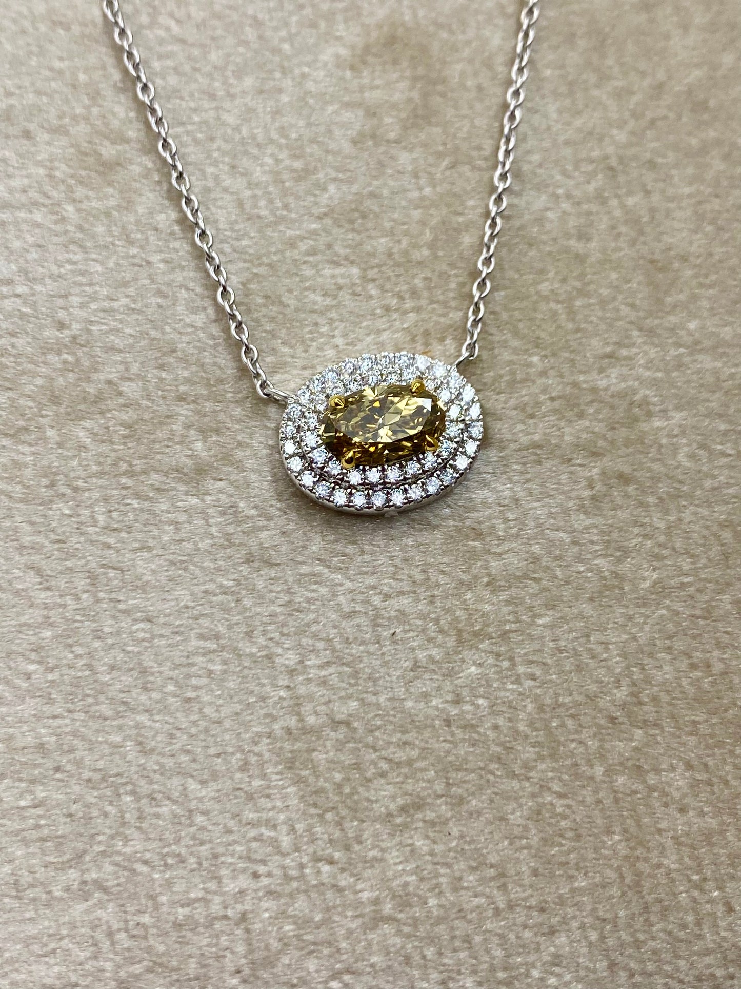 SOLD ~ 0.70ct Champagne diamond necklace with double white diamond halo