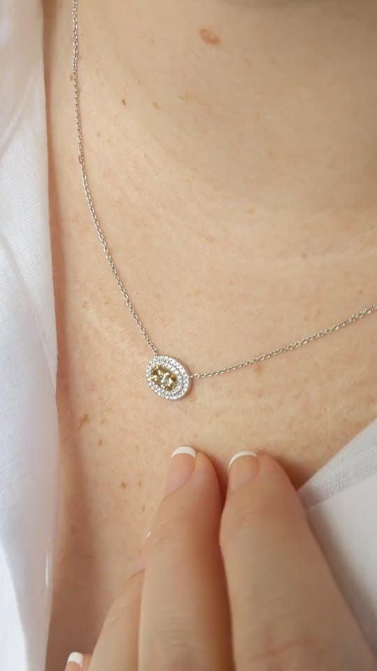 Sold Out ~ 0.70ct Champagne diamond necklace with double white diamond halo