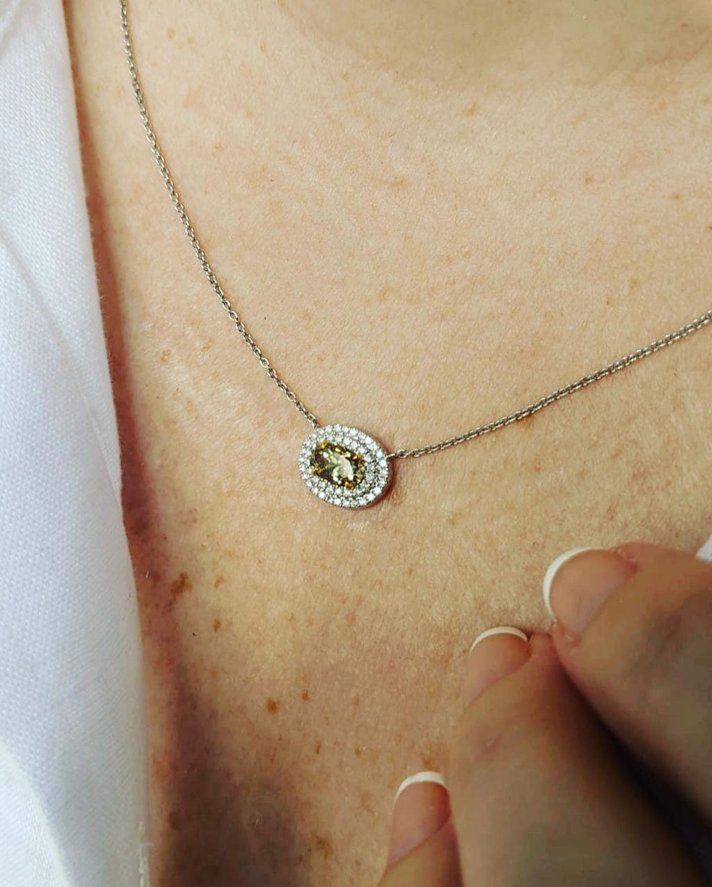 Sold Out ~ 0.70ct Champagne diamond necklace with double white diamond halo